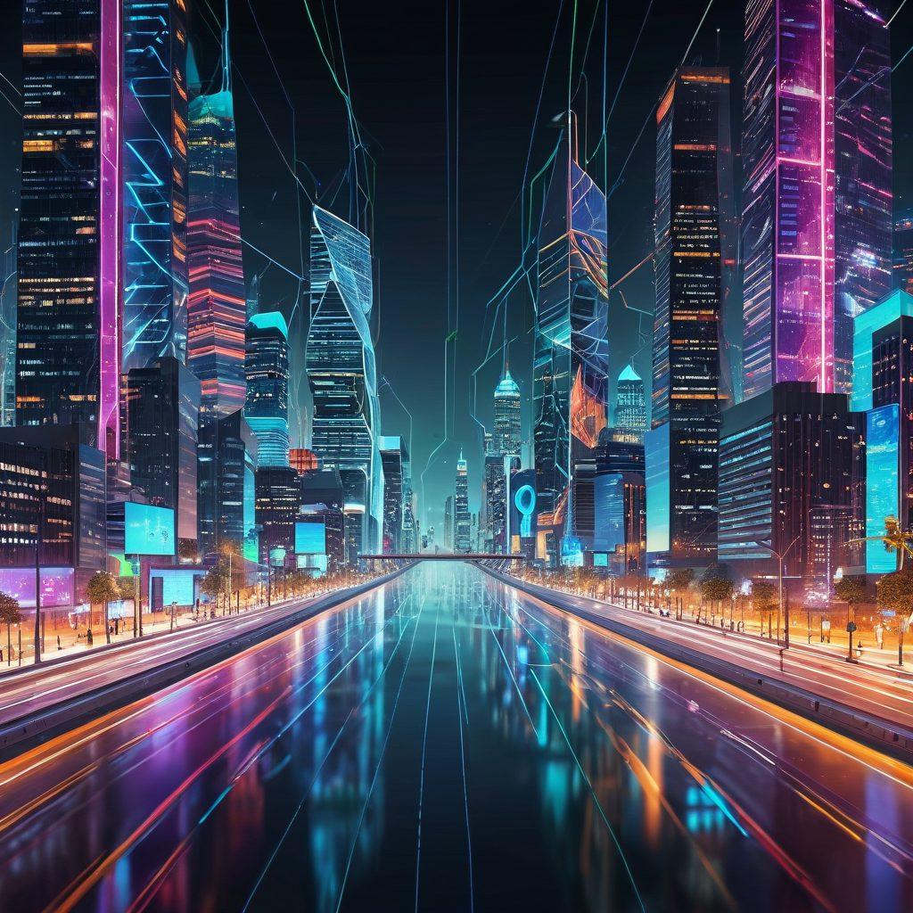 A futuristic digital cityscape split into two halves; the left side filled with sleek, vibrant user interfaces representing front-end development with colorful icons and elements, and the right side showcasing complex data structures and code snippets symbolizing back-end development. Connect the two sides with flowing, dynamic circuitry to illustrate the integration. 3D rendering. vibrant colors. white background.