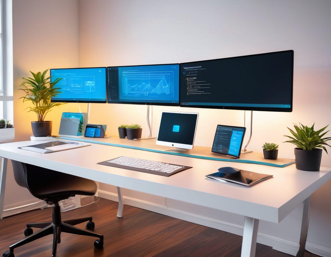 A futuristic workspace featuring a high-tech computer screen with multiple tabs open showcasing website design tools, coding interfaces, and a server dashboard; a sleek, modern office with a digital blueprint of a website layout hovering in the background, and a developer deep in concentration. vibrant colors. super-realistic.