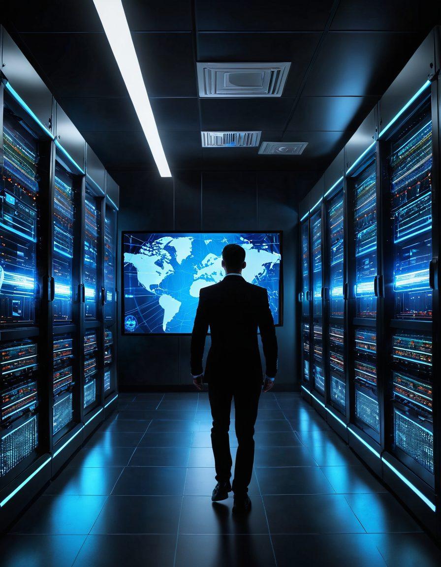 A futuristic server room filled with glowing servers, a person managing a dashboard filled with website analytics and security measures, a shield symbol representing security, and a globe representing global web access; all amidst dense digital data streams. vibrant colors. super-realistic.